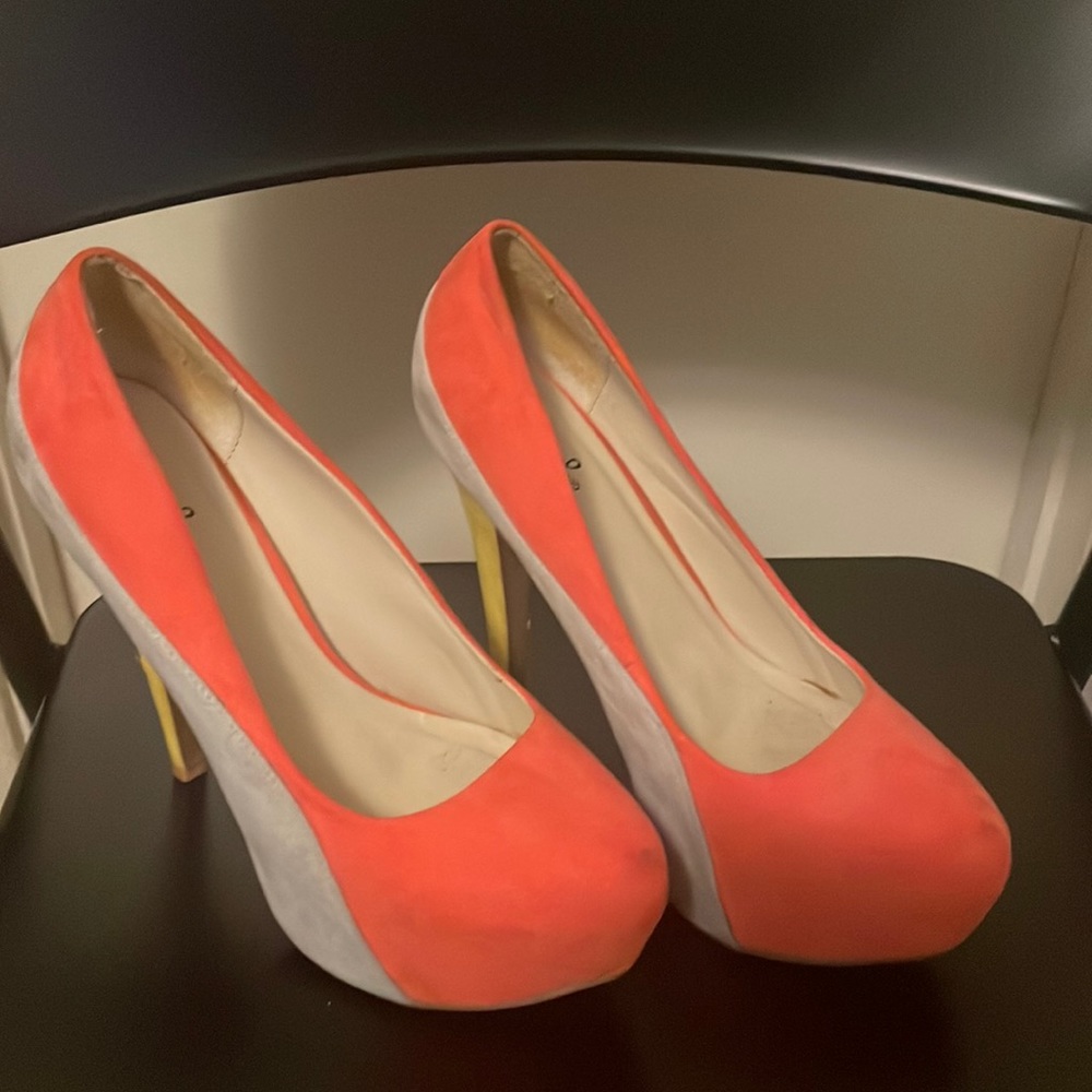Orange and grey high heels. About 6 inches